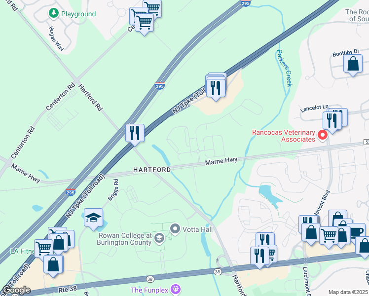 map of restaurants, bars, coffee shops, grocery stores, and more near 3233-3253 Marne Highway in Mount Laurel