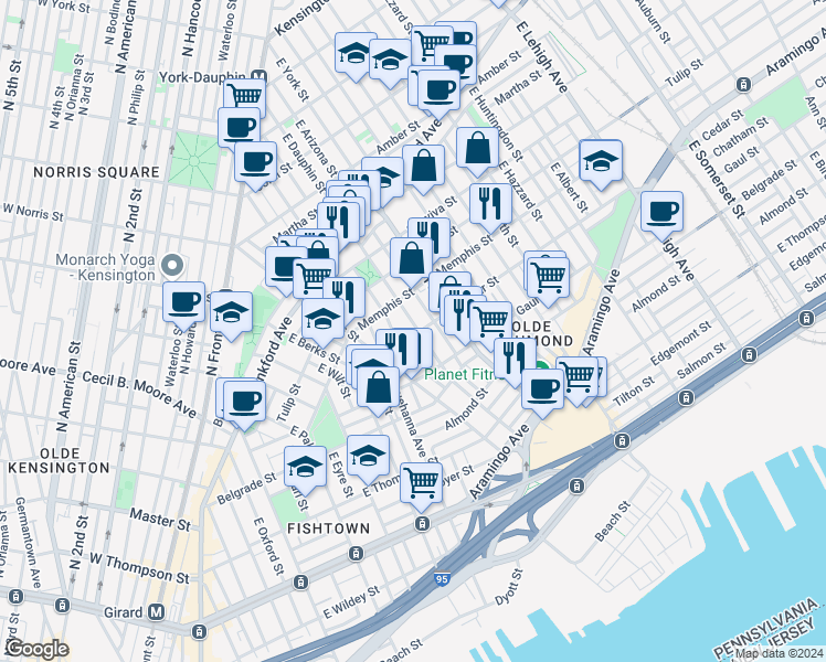 map of restaurants, bars, coffee shops, grocery stores, and more near 2357 East Dauphin Street in Philadelphia