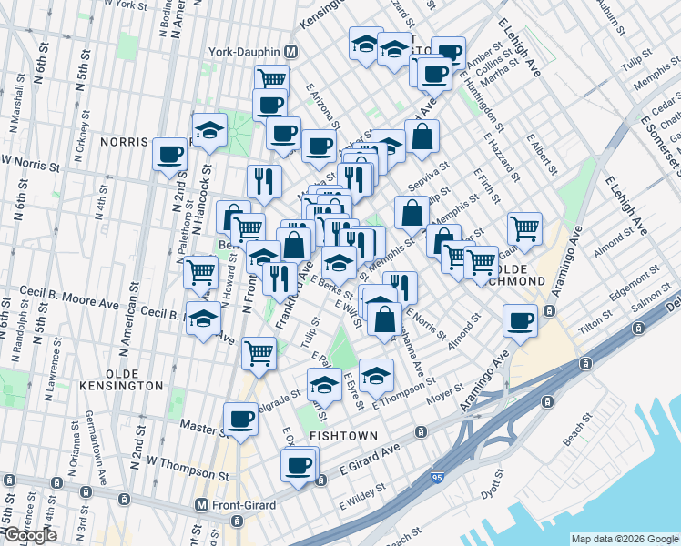 map of restaurants, bars, coffee shops, grocery stores, and more near 2307 East Norris Street in Philadelphia