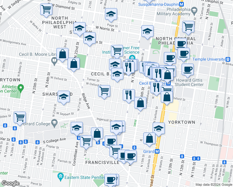 map of restaurants, bars, coffee shops, grocery stores, and more near 1540 North 18th Street in Philadelphia