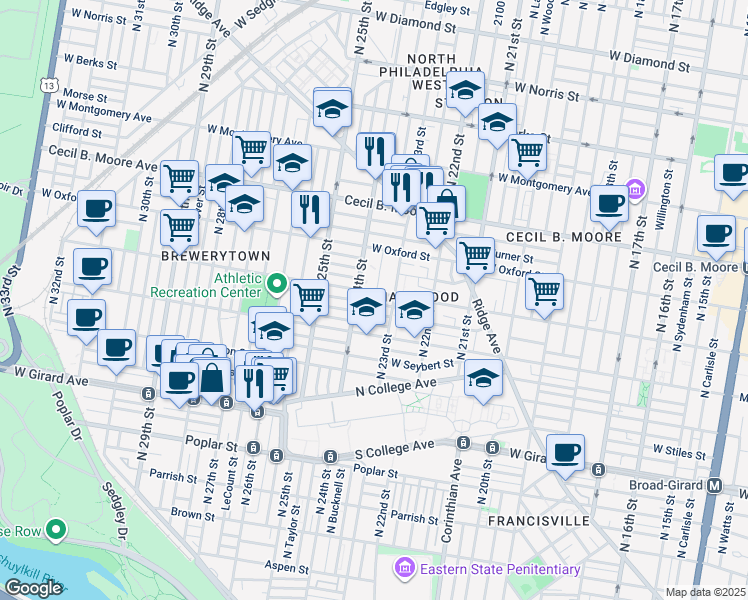 map of restaurants, bars, coffee shops, grocery stores, and more near in Philadelphia