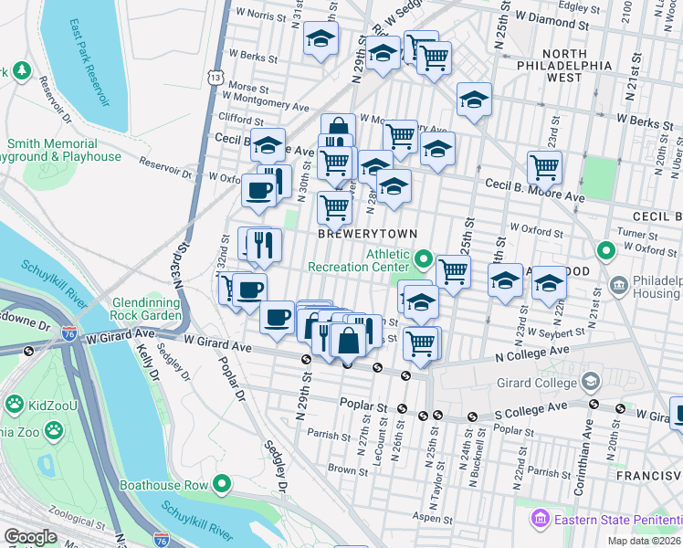 map of restaurants, bars, coffee shops, grocery stores, and more near in Philadelphia