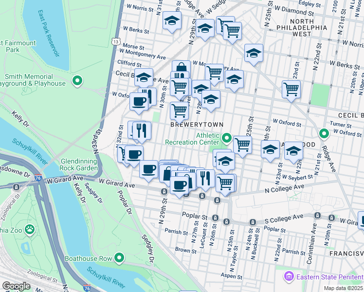 map of restaurants, bars, coffee shops, grocery stores, and more near in Philadelphia