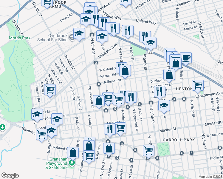 map of restaurants, bars, coffee shops, grocery stores, and more near 1742 North 62nd Street in Philadelphia