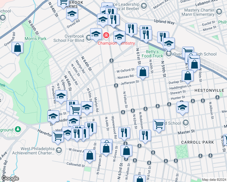 map of restaurants, bars, coffee shops, grocery stores, and more near 847 North 63rd Street in Philadelphia