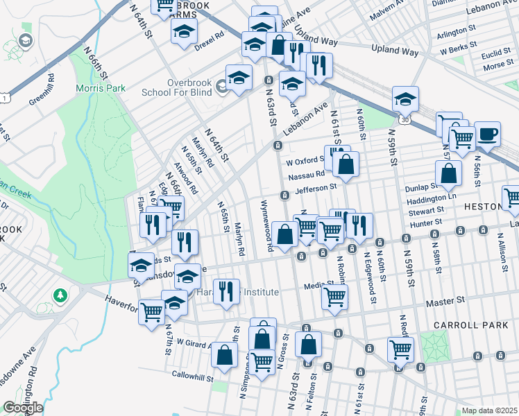 map of restaurants, bars, coffee shops, grocery stores, and more near 878 Wynnewood Road in Philadelphia