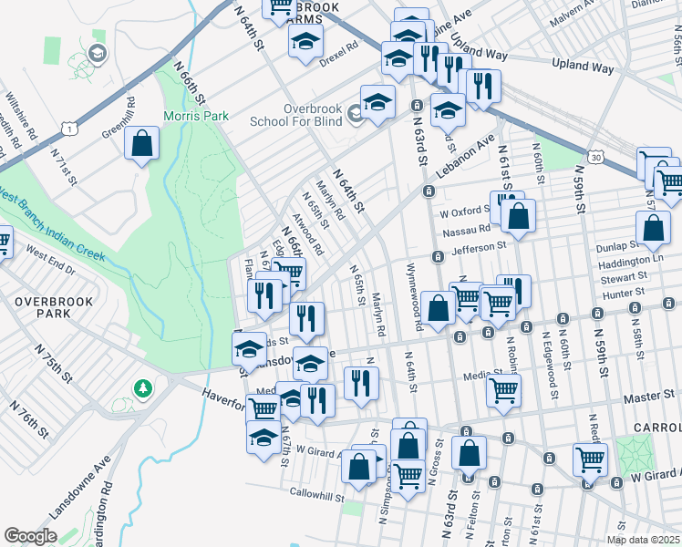 map of restaurants, bars, coffee shops, grocery stores, and more near 6502A Lebanon Avenue in Philadelphia