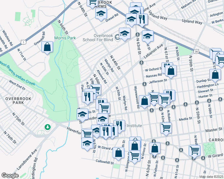 map of restaurants, bars, coffee shops, grocery stores, and more near 6502A Lebanon Avenue in Philadelphia