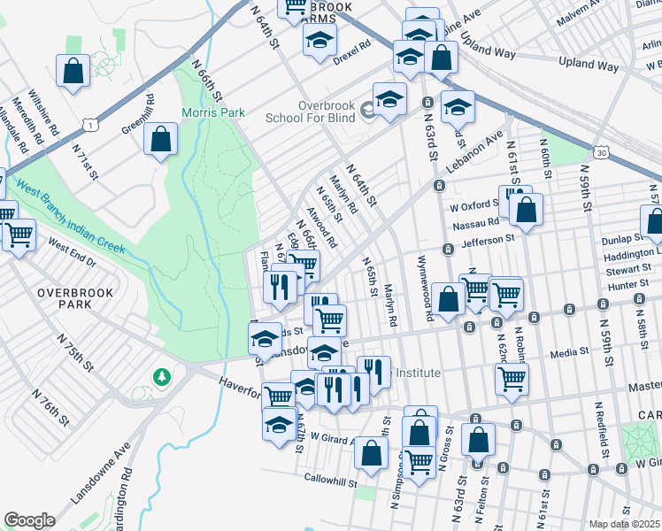 map of restaurants, bars, coffee shops, grocery stores, and more near 935 North 66th Street in Philadelphia