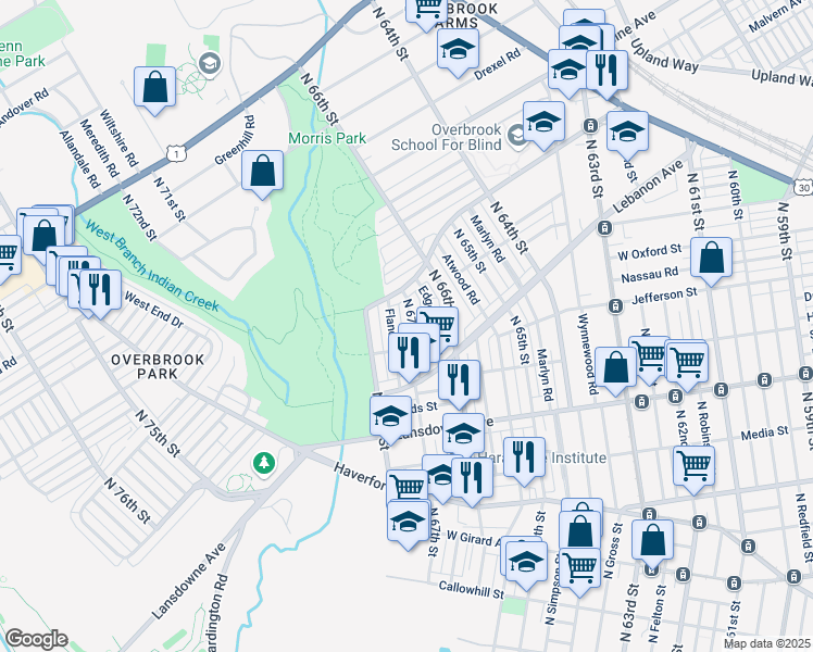 map of restaurants, bars, coffee shops, grocery stores, and more near 1031 Flanders Road in Philadelphia