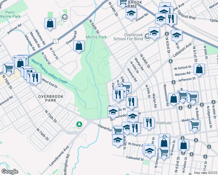 map of restaurants, bars, coffee shops, grocery stores, and more near 1029 North 68th Street in Philadelphia