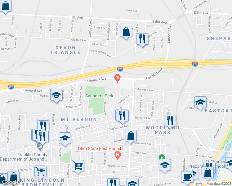 map of restaurants, bars, coffee shops, grocery stores, and more near 544 Bassett Avenue in Columbus