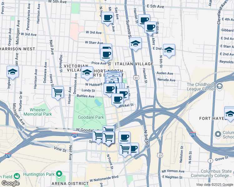 map of restaurants, bars, coffee shops, grocery stores, and more near in Columbus