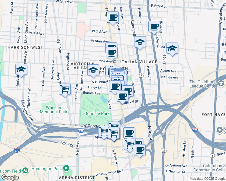 map of restaurants, bars, coffee shops, grocery stores, and more near 765 North High Street in Columbus