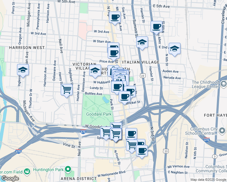 map of restaurants, bars, coffee shops, grocery stores, and more near 765 North High Street in Columbus