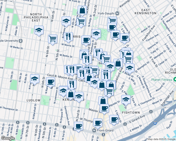 map of restaurants, bars, coffee shops, grocery stores, and more near 191 West Montgomery Avenue in Philadelphia