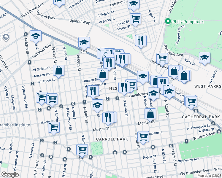 map of restaurants, bars, coffee shops, grocery stores, and more near 5624 Stewart Street in Philadelphia