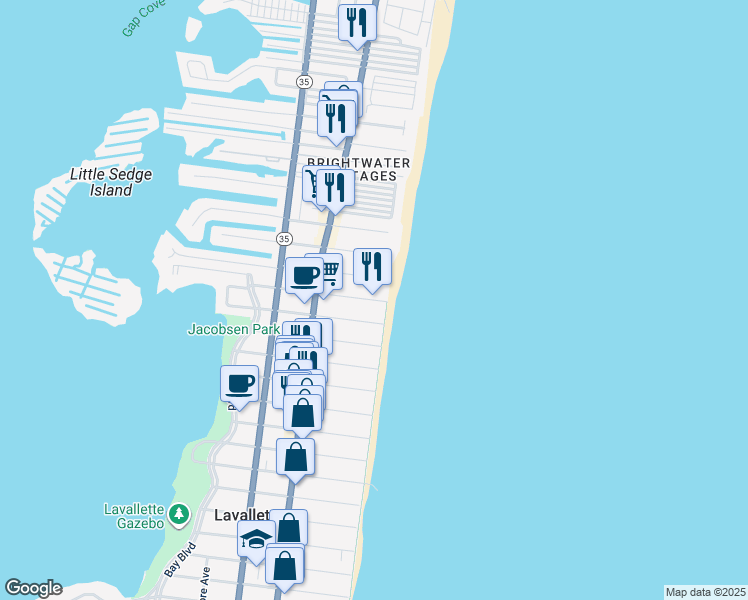 map of restaurants, bars, coffee shops, grocery stores, and more near 5 Ortley Avenue in Lavallette