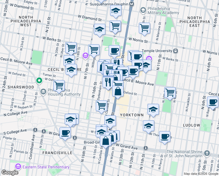 map of restaurants, bars, coffee shops, grocery stores, and more near 1600 North Broad Street in Philadelphia