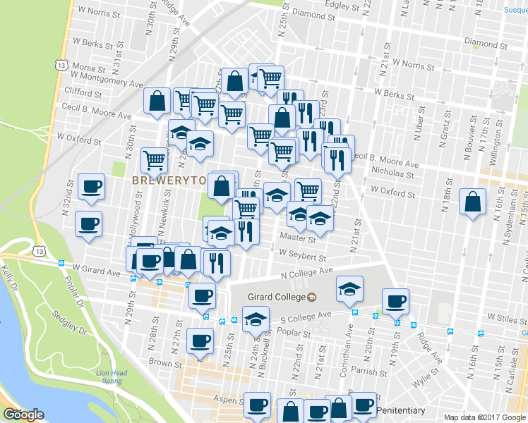 map of restaurants, bars, coffee shops, grocery stores, and more near 2428 Stewart Street in Philadelphia