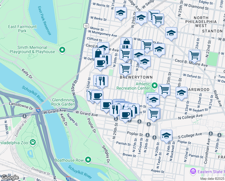 map of restaurants, bars, coffee shops, grocery stores, and more near 2934 Master Street in Philadelphia