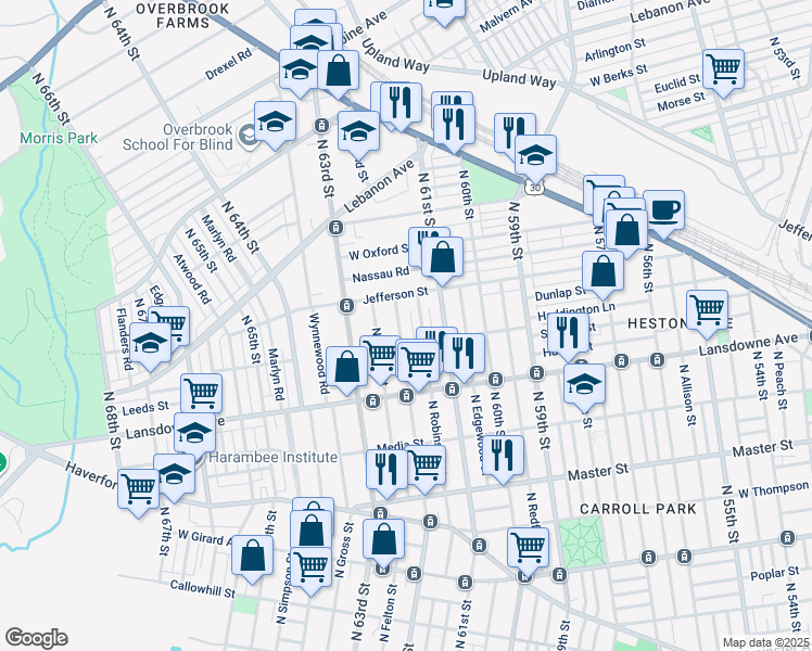 map of restaurants, bars, coffee shops, grocery stores, and more near 1723 North 62nd Street in Philadelphia
