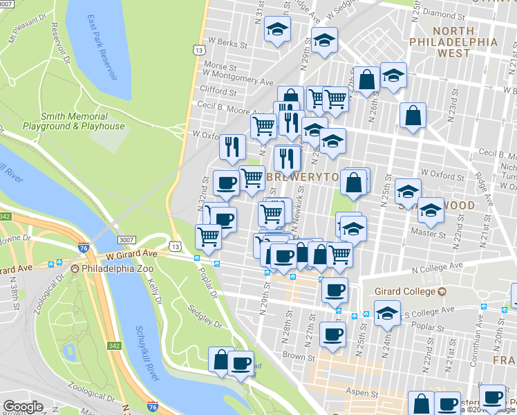 map of restaurants, bars, coffee shops, grocery stores, and more near 2934 Master Street in Philadelphia