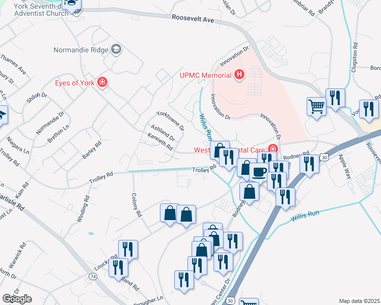 map of restaurants, bars, coffee shops, grocery stores, and more near 1690 Kenneth Road in York
