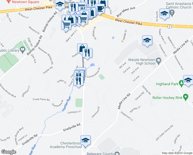 map of restaurants, bars, coffee shops, grocery stores, and more near 7003 Cornerstone Drive in Newtown Square