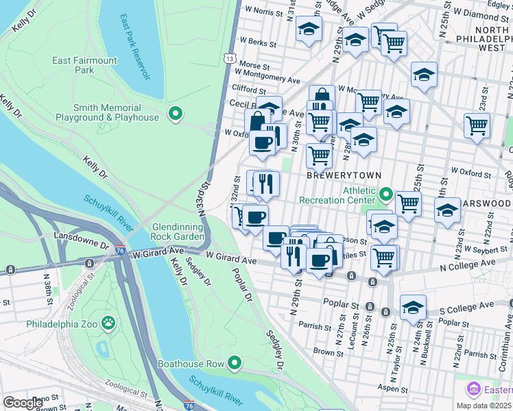 map of restaurants, bars, coffee shops, grocery stores, and more near 1336 North 31st Street in Philadelphia
