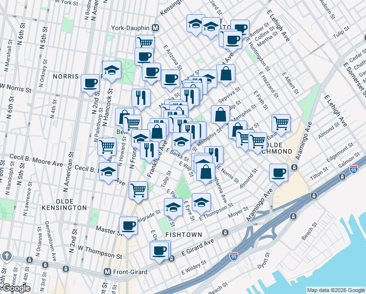 map of restaurants, bars, coffee shops, grocery stores, and more near 1853 Tulip Street in Philadelphia