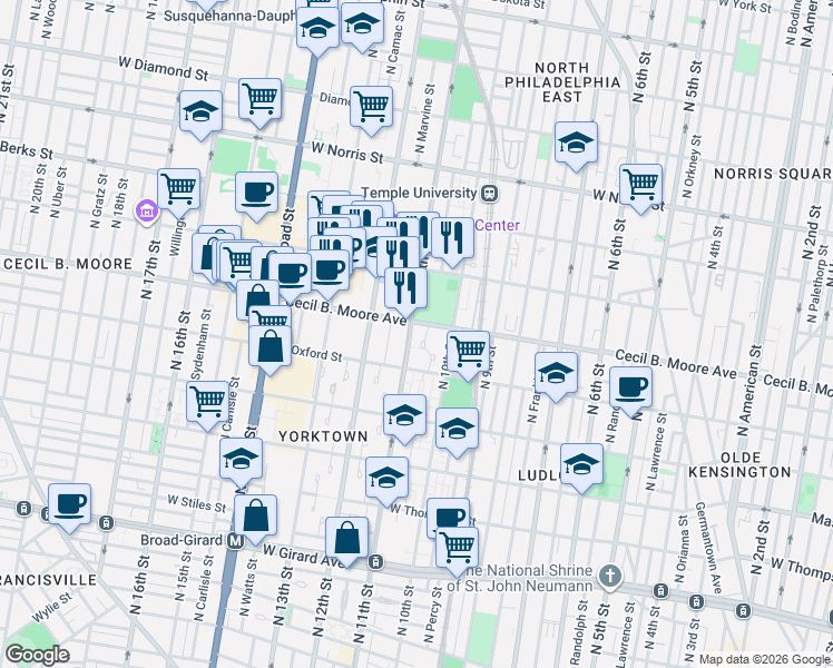 map of restaurants, bars, coffee shops, grocery stores, and more near 1100 Cecil B. Moore Avenue in Philadelphia
