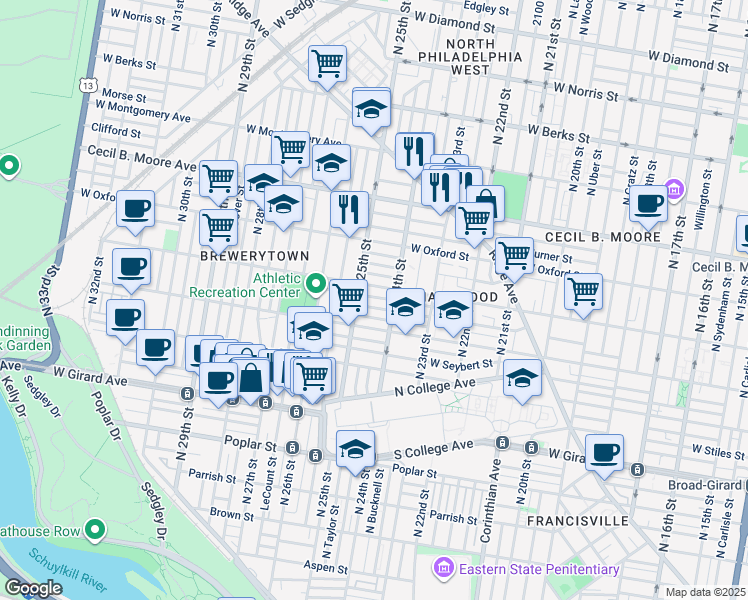 map of restaurants, bars, coffee shops, grocery stores, and more near 2428 Stewart Street in Philadelphia