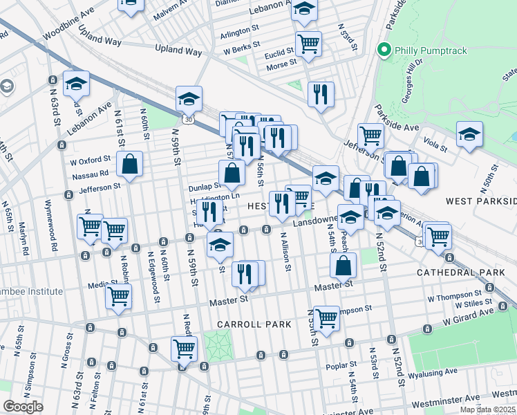 map of restaurants, bars, coffee shops, grocery stores, and more near 5608 Stewart Street in Philadelphia