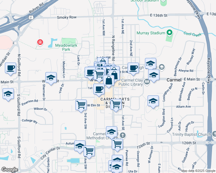 map of restaurants, bars, coffee shops, grocery stores, and more near 43 Veterans Way in Carmel