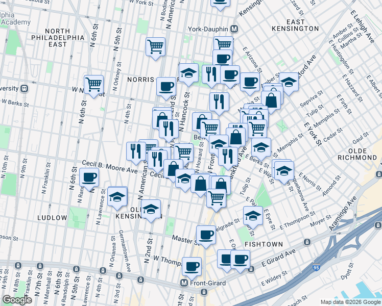 map of restaurants, bars, coffee shops, grocery stores, and more near 131 West Wilt Street in Philadelphia