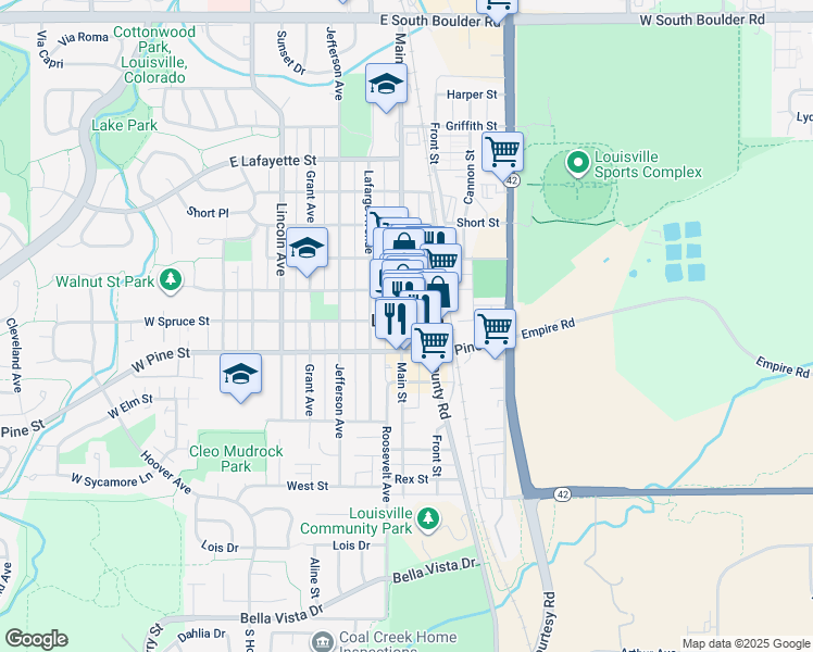 map of restaurants, bars, coffee shops, grocery stores, and more near 740 Main Street in Louisville
