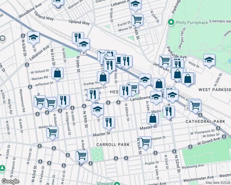 map of restaurants, bars, coffee shops, grocery stores, and more near 5601 Stewart Street in Philadelphia