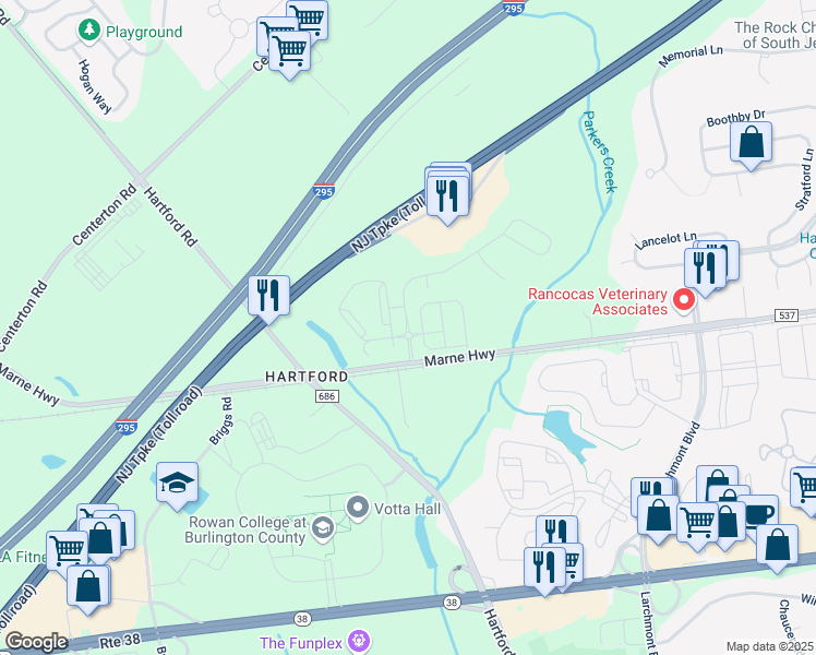 map of restaurants, bars, coffee shops, grocery stores, and more near 3233-3253 Marne Highway in Mount Laurel