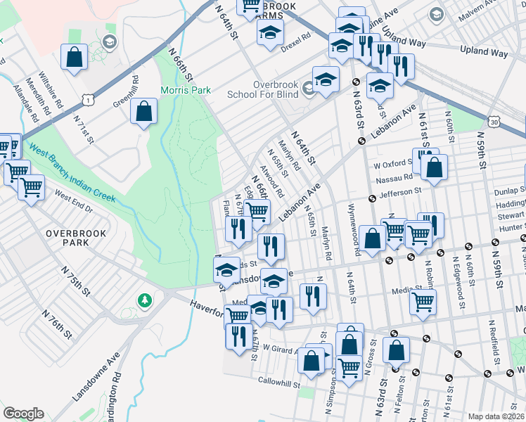 map of restaurants, bars, coffee shops, grocery stores, and more near 935 North 66th Street in Philadelphia