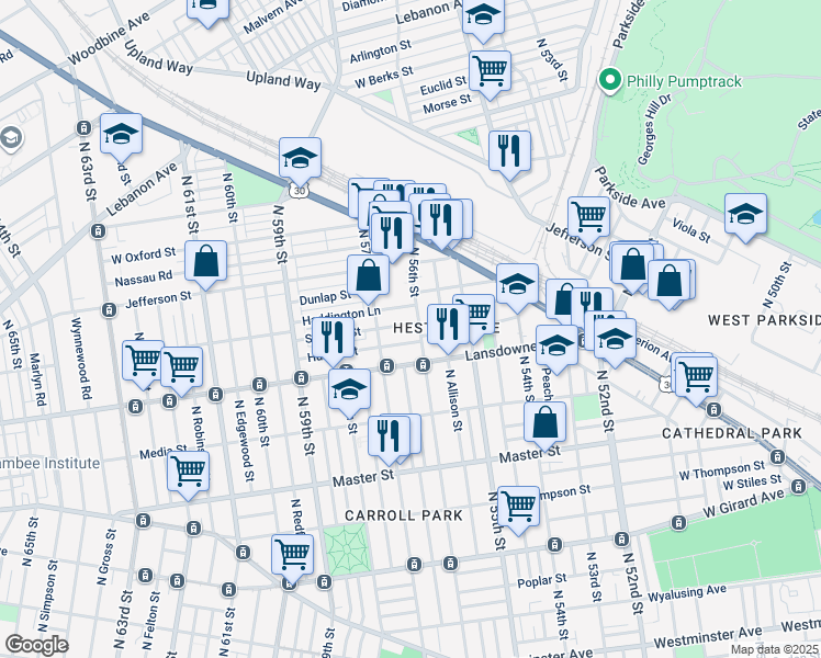 map of restaurants, bars, coffee shops, grocery stores, and more near 5608 Stewart Street in Philadelphia