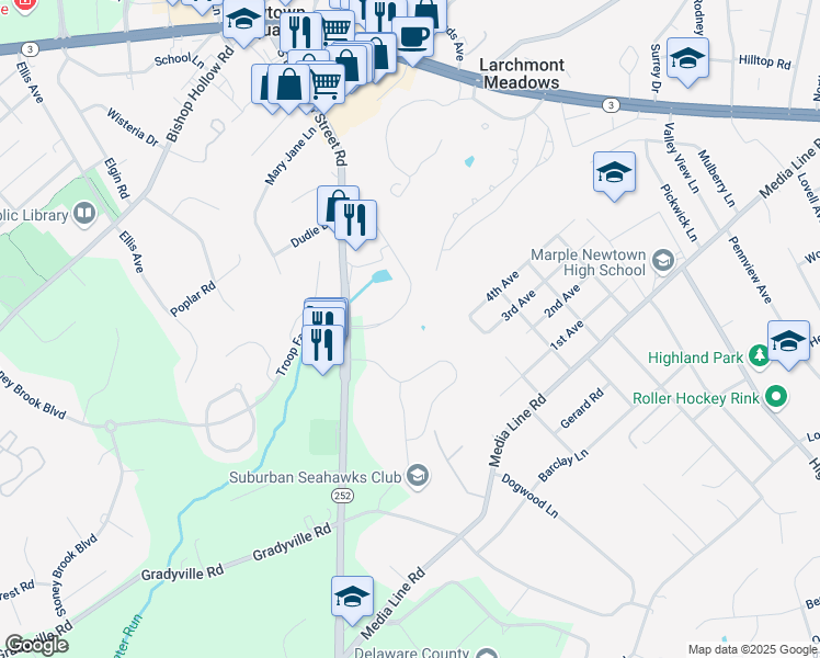 map of restaurants, bars, coffee shops, grocery stores, and more near 7000 Cornerstone Drive in Delaware County