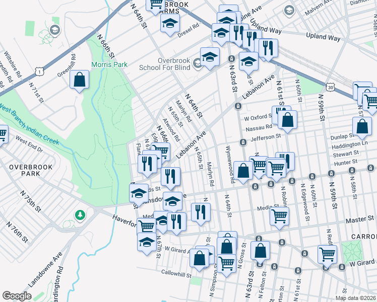 map of restaurants, bars, coffee shops, grocery stores, and more near 6502A Lebanon Avenue in Philadelphia
