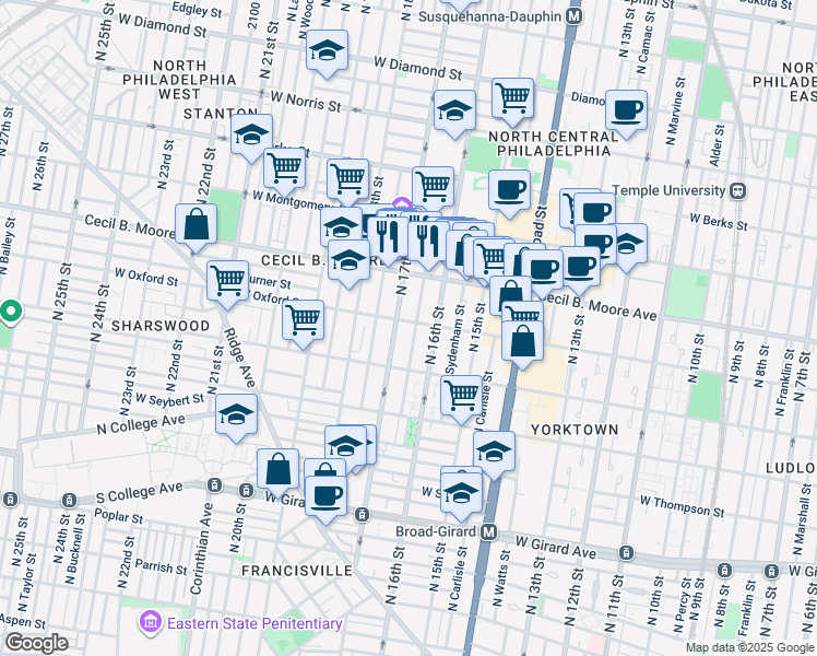 map of restaurants, bars, coffee shops, grocery stores, and more near 1620 W Oxford St in Philadelphia