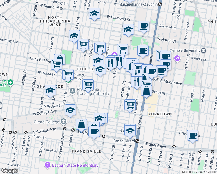 map of restaurants, bars, coffee shops, grocery stores, and more near 1713 West Oxford Street in Philadelphia