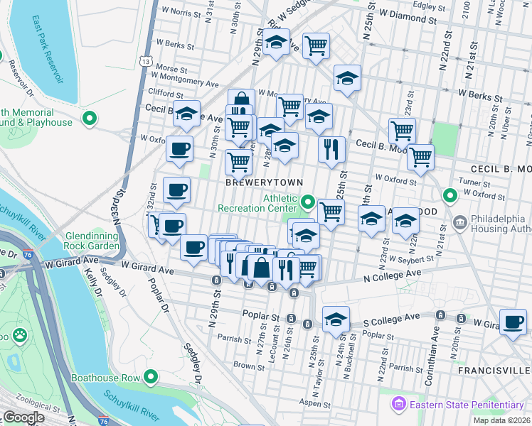 map of restaurants, bars, coffee shops, grocery stores, and more near 1434 North Etting Street in Philadelphia