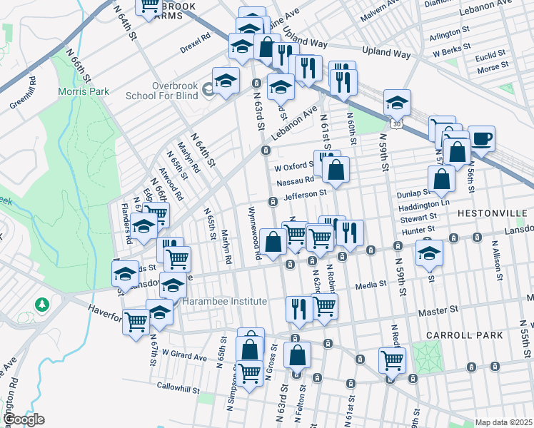 map of restaurants, bars, coffee shops, grocery stores, and more near 840 North 63rd Street in Philadelphia