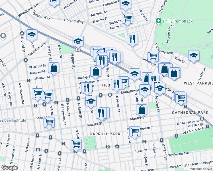 map of restaurants, bars, coffee shops, grocery stores, and more near 5610 Stewart Street in Philadelphia