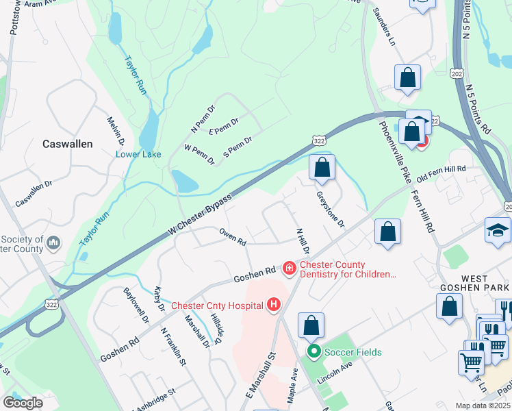 map of restaurants, bars, coffee shops, grocery stores, and more near 917 Collins Drive in West Chester