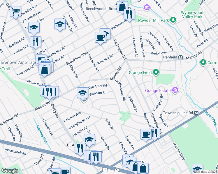map of restaurants, bars, coffee shops, grocery stores, and more near 231 Glen Arbor Road in Havertown